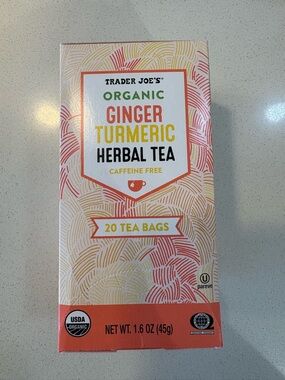 Trader Joe's Organic Ginger Turmeric Herbal Tea - Yellow & Coral Packaging